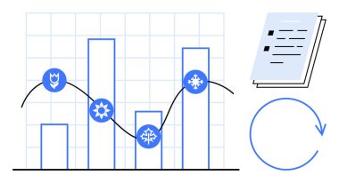 Bar chart with seasonal icons, plotted data line, grid background, documents for reporting, and cycle arrow. Ideal for business, analysis, research, trends planning productivity simple flat