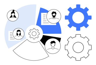Team member avatars linked to pie chart segments and large gears, symbolizing collaboration, workflow, and task management. Ideal for teamwork, analytics, project planning, strategy, organization