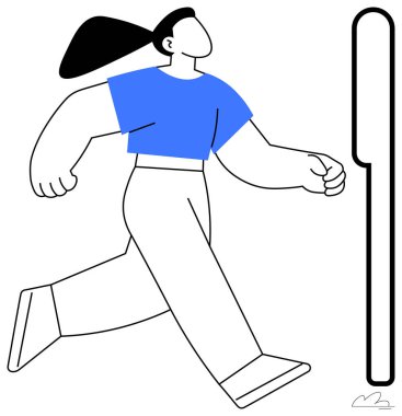 Woman walking forward energetically, wearing blue top, near rectangular object. Ideal for themes thumbs up motivation, progress, focus, movement, empowerment leadership success. Simple flat