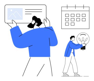 Two figures collaborate one holding a project card, the other carrying a light bulb. Calendar in the background. Ideal for teamwork, creativity, productivity, innovation, planning, organization