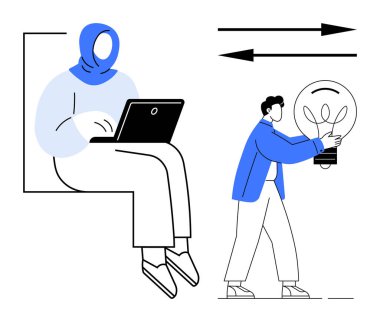 Person in headscarf using laptop, another carrying lightbulb. Ideal for teamwork, diversity, creativity, remote work, idea exchange, innovation problem-solving. Simple flat metaphor