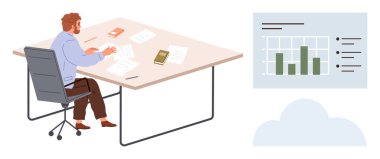 Man working on documents at desk, chair, papers, books, data chart on screen. Ideal for business, analysis, productivity, research strategy remote work innovation simple flat metaphor