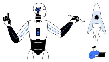 Human-thumbs up robot holding a spoon, launching a rocket, and supervising a remote worker with a laptop. Ideal for innovation, robotics, AI, space exploration, technology, futuristic concepts