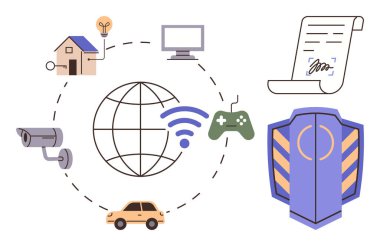 Globe with wireless, smart home, camera, car, gaming controller, shield, and contract. Ideal for technology security communication IoT gaming automation and agreements. Simple flat metaphor
