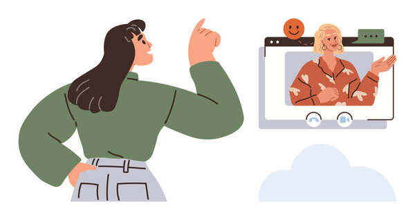 Woman interacting with another woman on a video call screen with chat icons and emotions. Ideal for remote work, digital connection, communication, online learning, virtual collaboration, technology