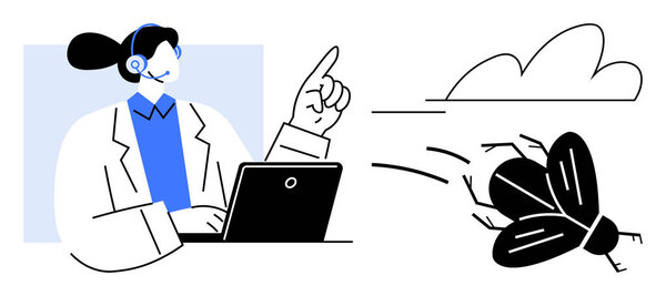 Female customer service agent wearing a headset, working on a laptop and pointing at a flying insect. Ideal for support, troubleshooting, observation, precision, awareness, analysis, simple flat