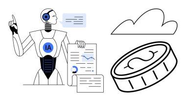 Robot analyzing charts and documents, cloud icon, cryptocurrency coin. Ideal for AI, data analysis, finance, blockchain, cloud computing automation innovation. Simple flat metaphor