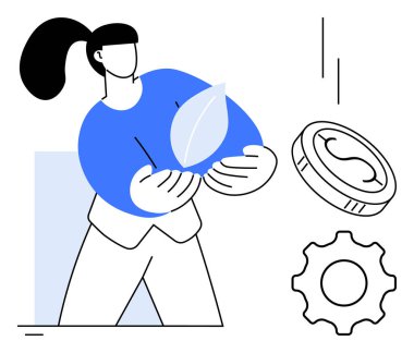 Person holding leaf promoting eco-friendly values, with currency and gear representing sustainability, innovation, environmental awareness, green technology, finance, energy conservation, simple flat