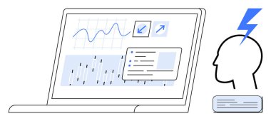 Laptop screen displays graphs, analytics, and data tools. Side profile head icon with lightning signifies innovation, problem-solving, creativity. Ideal for tech, business, education data
