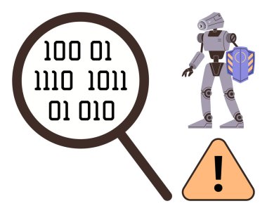 Robot analyzing binary code under magnifying glass, paired with warning sign. Ideal for cybersecurity, AI, technology, data monitoring, risk detection, automation safety. Simple flat metaphor clipart svg vector 