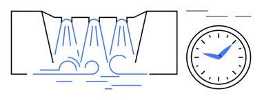 Water cascading through dam structures beside analog clock highlighting efficiency, time, progress. Ideal for time management, productivity, sustainability, energy, planning, resource efficiency