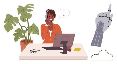 Agent using headset at desk, interacting with screen. Robotic AI hand, cloud, and plant nearby. Ideal for technology, AI support, communication, customer service innovation collaboration business