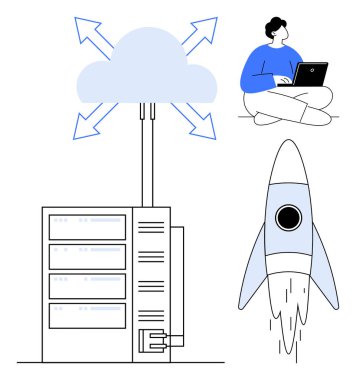 Cloud connects to servers with arrows, person using laptop, and rocket launch. Ideal for technology, remote work, innovation, growth, startups cloud computing modern business. Simple flat metaphor