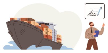 Cargo ship carrying containers in the ocean alongside a business professional with clipboard, pointing at signed documents. Ideal for trade, logistics, shipping, exports, business processes, cargo