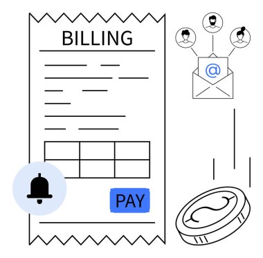 Billing statement with payment button, reminder icon, email notification, connected user network, and coin. Ideal for finance, online payments, communication, reminders business transactions