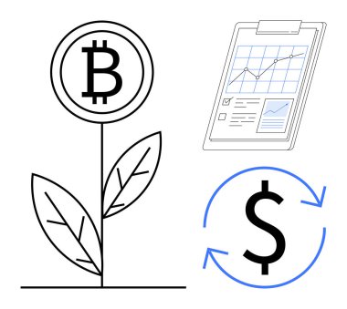 Bitcoin plant symbolizing growth, financial clipboard analyzing data, and dollar sign with arrow cycle. Ideal for cryptocurrency, investment, economic growth, financial planning, business strategy
