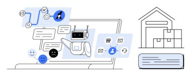 Robot assistant analyzing messages on a laptop, handling inquiries, workflow and emotion icons, warehouse operation, e-commerce. Ideal for customer service, automation, logistics, efficiency retail