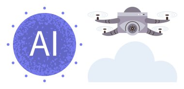 AI-powered quadcopter flying above a cloud with a digital AI icon. Ideal for technology, artificial intelligence, automation, Quadcopters, innovation, networking, cloud services, simple flat metaphor