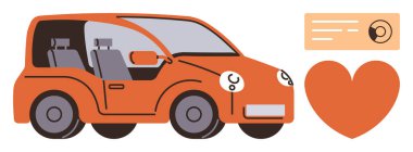 Orange car with visible interior, drivers license card, and heart symbol. Ideal for driving, transportation, mobility, auto insurance, car rental road safety and car care. Simple flat metaphor