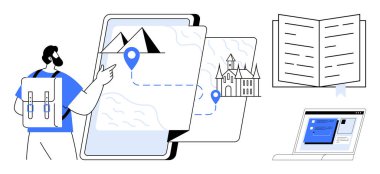 Backpacker navigating digital map with landmarks, open book, and laptop screen. Ideal for travel, education, technology, planning, exploration navigation cultural learning. Simple flat metaphor