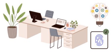 Dual-desk office setup with chairs, laptops, and potted plants alongside gear-filled lightbulb and fingerprint for tech innovation. Ideal for productivity, collaboration, creativity, tech, digital
