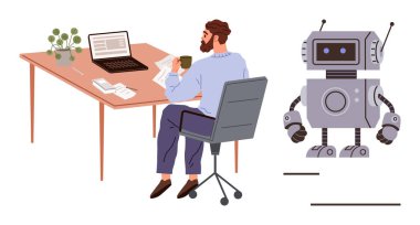Man drinking coffee while working on a laptop at a desk with documents, plant, and robotic assistant. Ideal for remote work, artificial intelligence, automation, technology, collaboration, office