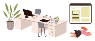 Office desk with computers, books, plants, and coffee cup alongside a fallen person, illustrating workplace burnout or exhaustion. Ideal for stress, mental health, work challenges, productivity