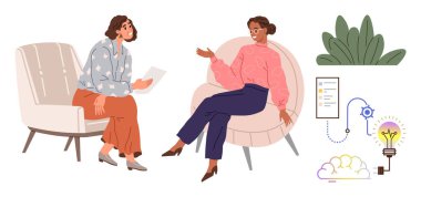 Two women discussing projects seated on chairs, plants and icons representing creativity and strategy. Ideal for teamwork, creativity, innovation, brainstorming, consultancy, communication