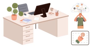 Desk setup with computer, books, plant, stationery alongside a person pondering cloud connections, and a touch interaction icon. Ideal for productivity, innovation, technology, problem-solving