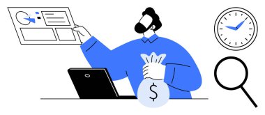 Man holding money bag, analyzing data on screen clock, laptop, and magnifier nearby. Ideal for finance, investment, business, growth time management analysis success. Simple flat metaphor