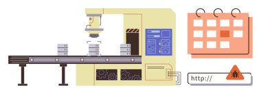 Industrial conveyor system moves products under scanner for inspection, calendar and warning icon display key progress and alerts. Ideal for manufacturing, productivity, scheduling, automation