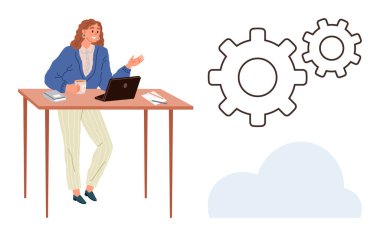 Woman at desk with laptop and coffee cup, speaking, gears symbolizing progress and teamwork, cloud representing data storage. Ideal for communication, strategy, brainstorming, automation, technology