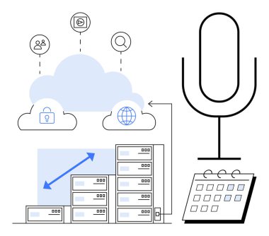 Cloud computing icons include database servers, security lock, global connection, people sharing, search symbol. Enlarged microphone and calendar suggest data management and voice interaction. Ideal