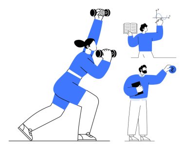 Person exercising with dumbbells, figure reading with book and graph, professional holding coin. Ideal for teamwork, education, fitness, finance, growth motivation success. Clean simple flat