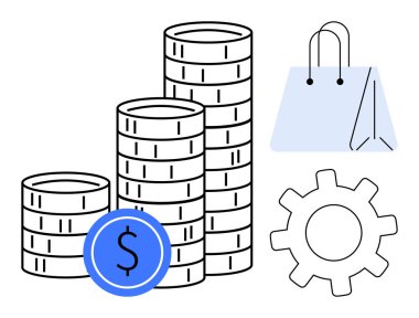 Stacks of coins, a gear, and a shopping bag symbolize money, business, shopping, finance, and productivity. Ideal for financial planning, e-commerce business growth budgeting digital trade