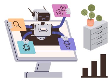 Robot emerging from a monitor holding multitasking icons for search, web, ideas, and gears. Nearby desk drawers, potted plant, and bar chart. Ideal for AI, automation multitasking productivity