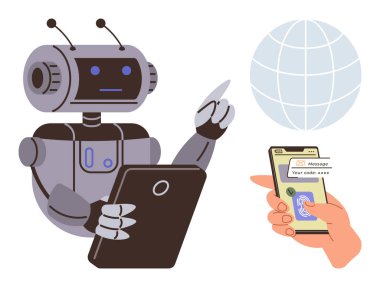 Robot holding tablet interacting with user completing two-factor authentication on smartphone. Ideal for technology, AI, security, innovation, automation, digital access, cybersecurity. Simple flat