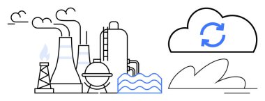 Smoke-emitting industrial plant with tanks, towers, water, and a cloud refresh icon signifying sustainability and clean energy. Ideal for industry, ecology, sustainability, innovation, green energy
