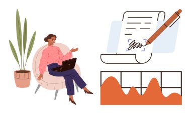 Woman sitting on chair using laptop, large document signing graphic with pen, and chart bars. Ideal for remote work, digital tools, productivity, data analysis, e-signature, modern career simple