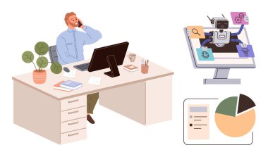 Professional seated at desk with computer, interacting with AI tasks on screen. Includes charts and files. Ideal for technology, data, innovation, office productivity, business strategy, research