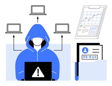 Hooded figure at laptop with warning sign, files with graphs and biometric data, network of connected laptops. Ideal for data protection, hacking, privacy, threats, network security, cybercrime