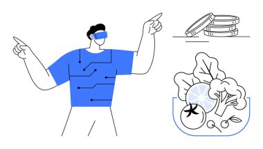 Man wearing virtual reality headset with circuit board design on shirt, pointing in excitement. Beside are stacked coins and a bowl of fresh vegetables. Ideal for technology, innovation, finance