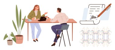 Two colleagues conversing at a desk with a laptop, signed document, pencil, and digital diagram. Ideal for teamwork, collaboration, business, management, communication technology contract