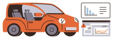 Orange compact car next to data screens displaying performance metrics and graphs. Ideal for technology, innovation, transportation, automotive diagnostics, efficiency, data analysis, vehicle