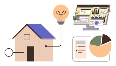 House with key symbol, lightbulb connected to data, pie chart showing analysis, and computer screen with house management app. Ideal for smart home, technology, data analysis, energy efficiency