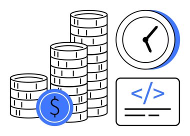 Stacked coins with a dollar sign, a clock, and coding symbols represent financial growth, time efficiency, and technology. Ideal for finance, productivity, software, investment management planning