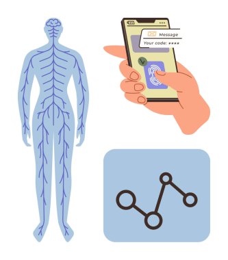 Human nervous system anatomy, hand scanning fingerprint on mobile for secure access, and connected network nodes. Ideal for biology, security, technology, education, healthcare, connectivity