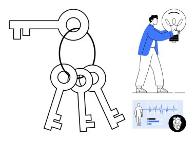 Keys on a ring paired with a person holding a glowing bulb and health data visuals. Ideal for problem-solving, innovation, health, technology, creativity, research, solutions, simple flat metaphor