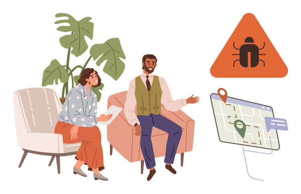 Two seated coworkers deliberating over a map interface with location pins and a bug warning sign. Ideal for cybersecurity, teamwork, communication, problem-solving, technology, mapping, digital