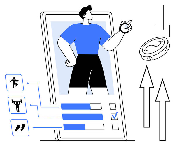 Person standing over smartphone with fitness data, charts, and icons for exercise, steps, and goals. Ideal for health, fitness, progress technology achievement tracking growth. Simple flat